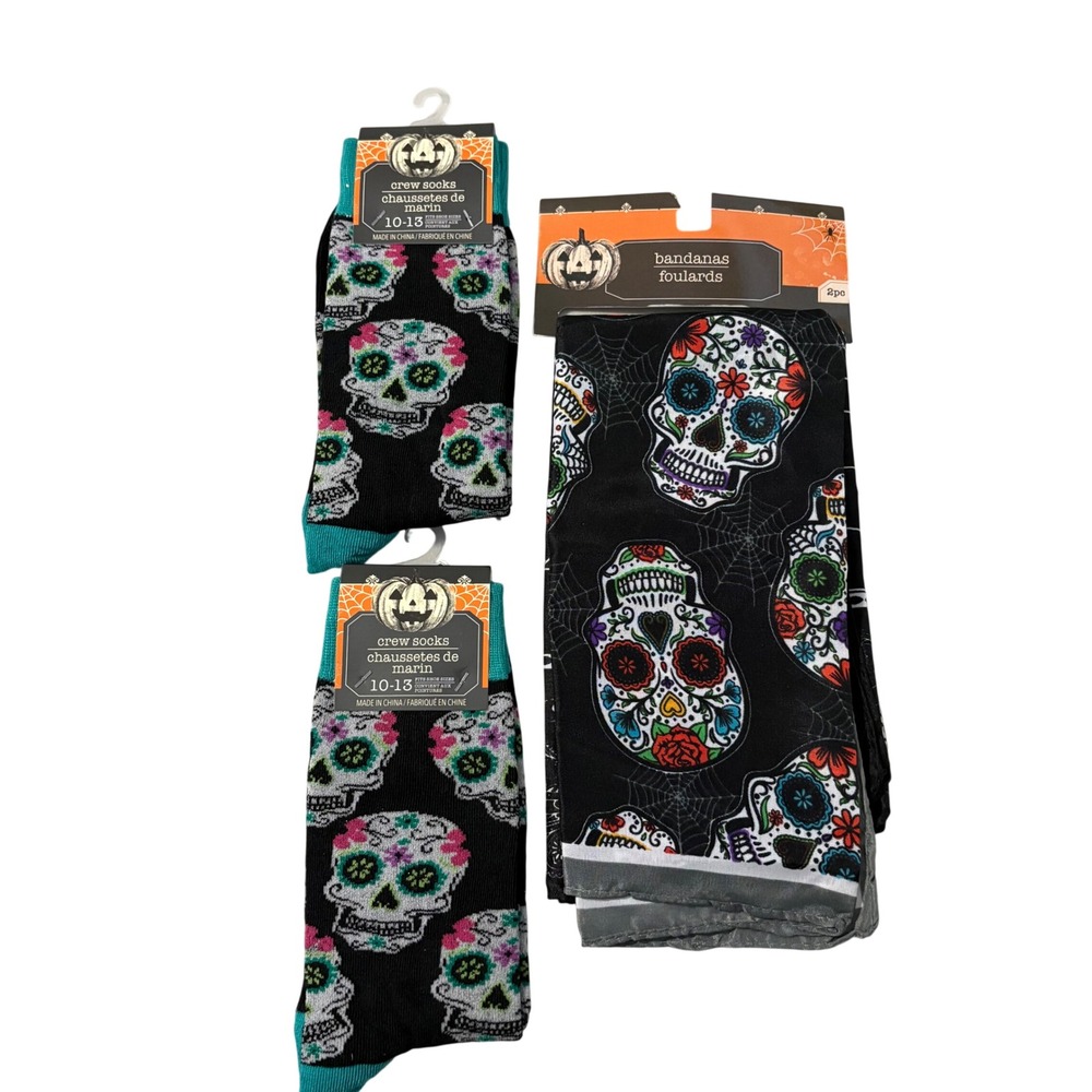 Halloween Sugar Skull Accessory Set 2 Pair Crew Socks and 2 Pack Bandanas NWT